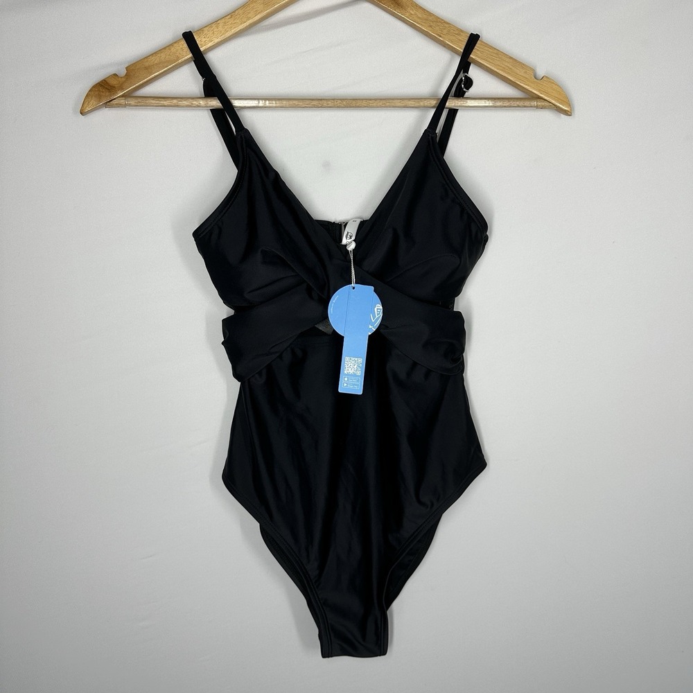 Cupshe #DASL1151BB Solid Mesh Wrap Front Cutout Black One Piece Swimsuit XS